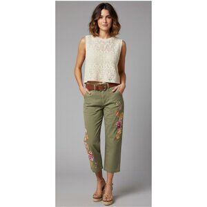 Driftwood Boho Embroidered Floral Green Cropped Pants Women's Size Large